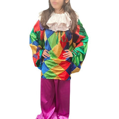 Carnival clown costume with multicoloured satin tunic and pants for hire in Brisbane