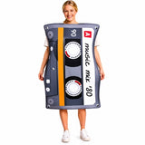 Person wearing a costume shaped like a cassette tape with 'music mix 80' text on a white background