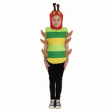 Kids Caterpillar costume tunic with hood featuring cute face and soft legs – perfect for Book Week or animal-themed events.