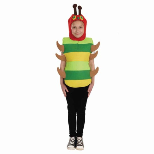 Kids Caterpillar costume tunic with hood featuring cute face and soft legs – perfect for Book Week or animal-themed events.