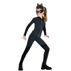Child wearing an officially licensed Catwoman Classic costume with black jumpsuit, cat ears and eye mask