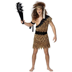 caveman mens costume, leopard print with dark trim, tunic, belt and head sash.
