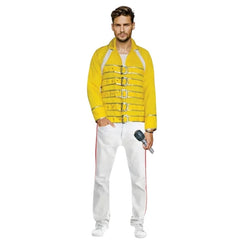 Yellow rockstar costume with jacket, white pants and inflatable microphone