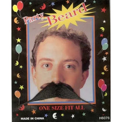 Black character-style costume moustache with adhesive backing.
