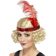 Ladies Blonde Charleston Wig with red sequin headband and feather – soft synthetic curls in 1920s flapper style, ideal for Gatsby or vintage parties.