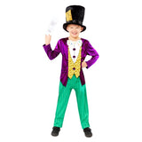 Charlie & The Chocolate Factory Willy Wonka Sustainable Boys Costume, jumpsuit with purple jacket, green pants and hat.