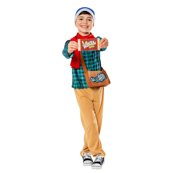 Child wearing an officially licensed Charlie Bucket deluxe costume with scarf, beanie and satchel for Book Week