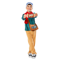 Child wearing an officially licensed Charlie Bucket deluxe costume with scarf, beanie and satchel for Book Week
