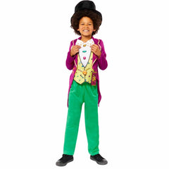 Charlie & The Chocolate Factory Willy Wonka Child Costume, plum jacket with attached colourful vest, green pants and top hat.
