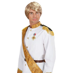Charming Prince blonde wig with short hair and sweeping fringe for costume wear
