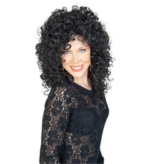 Black curly 80s-style wig with tight defined curls
