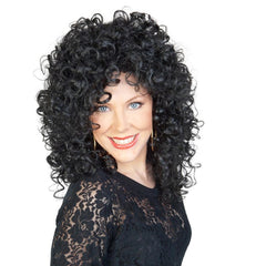 Black curly 80s-style wig with tight defined curls