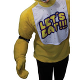 chica deluxe costume, long sleeve with mittens, and bib that says "Lets Eat"