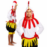 Adult chicken costume with rooster headpiece and feather-style shorts