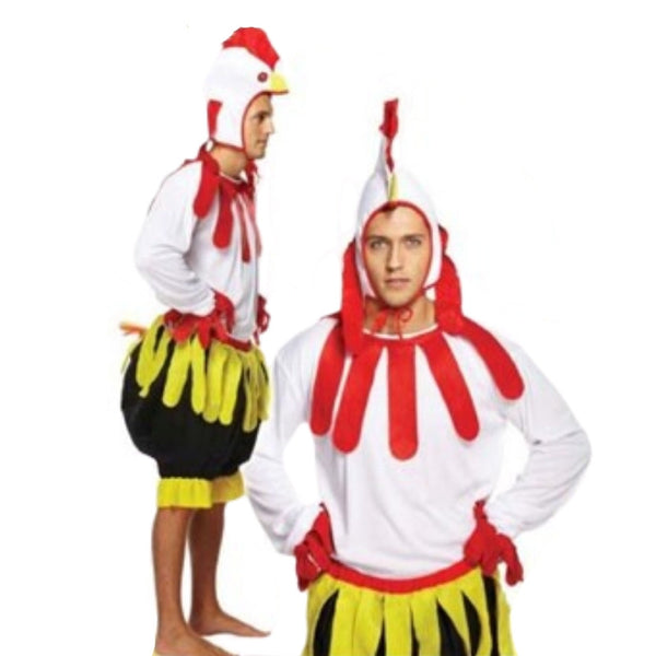Funny adult chicken costume with yellow top, shorts, and headdress