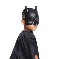 Child-sized Batman costume set featuring a black scalloped-edge cape and a matching black mask, perfect for superhero dress-up and play.