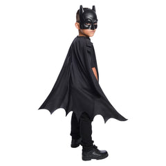 Child-sized Batman costume set featuring a black scalloped-edge cape and a matching black mask, perfect for superhero dress-up and play.