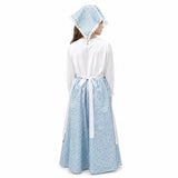 Back view of child blue pioneer long dress and head scarf
