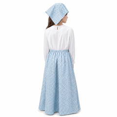 Child wearing blue pioneer girl costume with attached white apron and matching floral headscarf