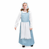 Child wearing blue pioneer girl costume with attached white apron and matching floral headscarf