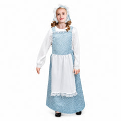 Child wearing blue pioneer girl costume with attached white apron and matching floral headscarf
