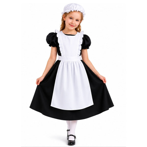 Child colonial apron and hat costume accessory set with white apron and traditional mop cap.
