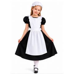 Child colonial apron and hat costume accessory set with white apron and traditional mop cap.