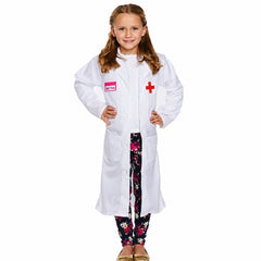 Child wearing a white doctor lab coat costume for Book Week, career day, school dress-up and imaginative role play.