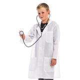 Close-up of child doctor costume showing white lab coat and stethoscope