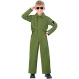 Child Fighter Jet Pilot Costume, green jumpsuit with motifs and glasses.