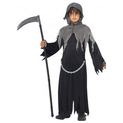 Grim Reaper child costume with black and grey hooded robe chain belt and scythe