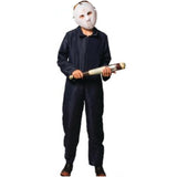 Child mechanic mike in navy overalls and mask.