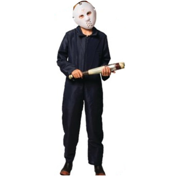 Child mechanic mike in navy overalls and mask.