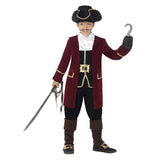 Child Pirate Captain Costume, burgundy jacket, mock waistcoat, trousers and scarf hat.