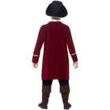 Back view child pirate captain costume, burgundy jacket with gold trim, black pants and hat.