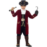 Front view Child Pirate Costume with maroon jacket, gold trimmed waistcoat and black trousers with neck ruffle and pirate hat.