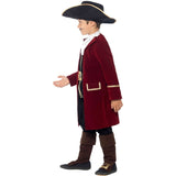 Side View Child Pirate Captain Costume, burgundy jacket black trousers neck ruffle and pirate hat.