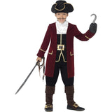 Child Pirate Captain Costume with maroon jacket, gold-trimmed waistcoat, black trousers, neck ruffle, and pirate hat – ideal for Book Week and parties.