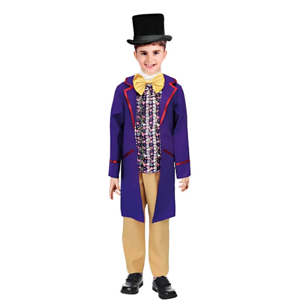boys chocolatier costume front view purple jacket and beige pants