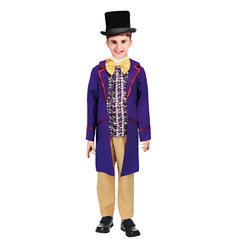 Children’s Chocolatier costume with long purple jacket, printed top, and beige pants – Book Week character outfit