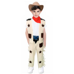 Children's cowboy costume set with vest, fringe chaps, and red neck scarf

