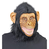 Overhead chimpanzee mask with latex face and plush fur, Halloween and animal costume accessory.