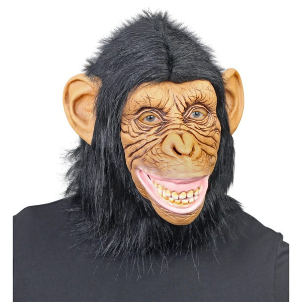 Overhead chimpanzee mask with latex face and plush fur, Halloween and animal costume accessory.