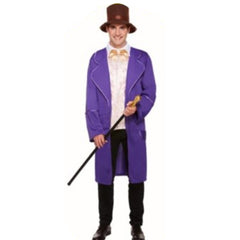 Chocolate maker adult costume, purple knee length jacket, paisley vest and bow tie plus brown hat.
