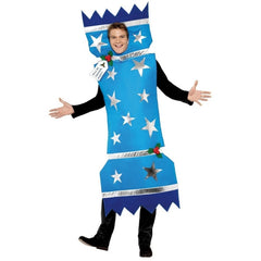 Christmas Cracker Costume, novelty foam tunic, with stars and holly, plain blue back.
