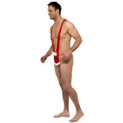 Santa Christmas mankini with printed smiley face and fluffy tuft beard detail – novelty festive costume