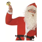Person in a Santa Claus costume holding a gold bell on a white background