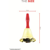 Gold bell with red handle and size measurement on a white background
