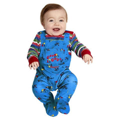Chucky Baby Costume front view – all-in-one jumpsuit with striped top and printed overalls for infants.