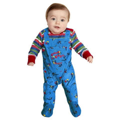 Chucky Baby Costume front view – all-in-one jumpsuit with striped top and printed overalls for infants.
